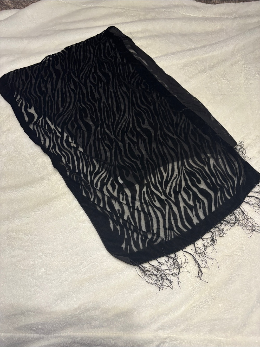 Black Sheer Mesh Velvet Burnout Animal Print Fringe Shawl Wrap Scarf